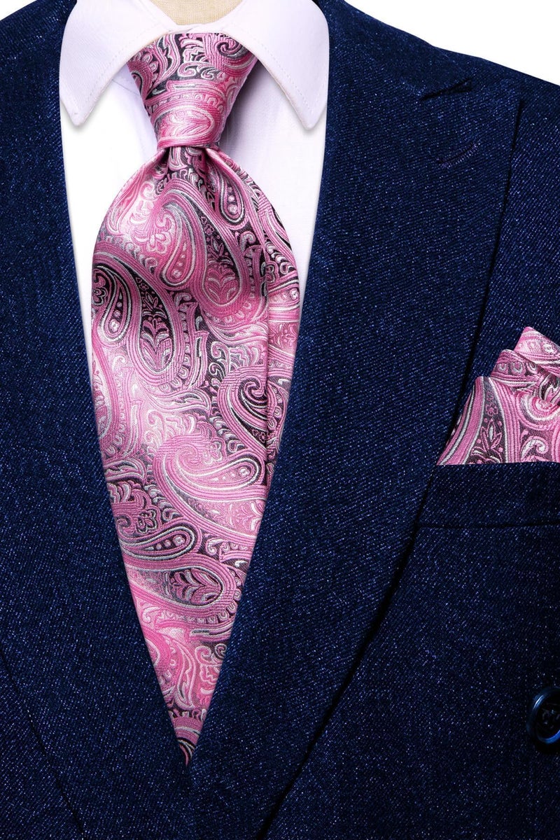 Dubulle Mens Tie and Lapel Pin Pink Grey Paisley Striped Floral Necktie for Men Pocket Square Cufflinks Wedding Party - Image 2